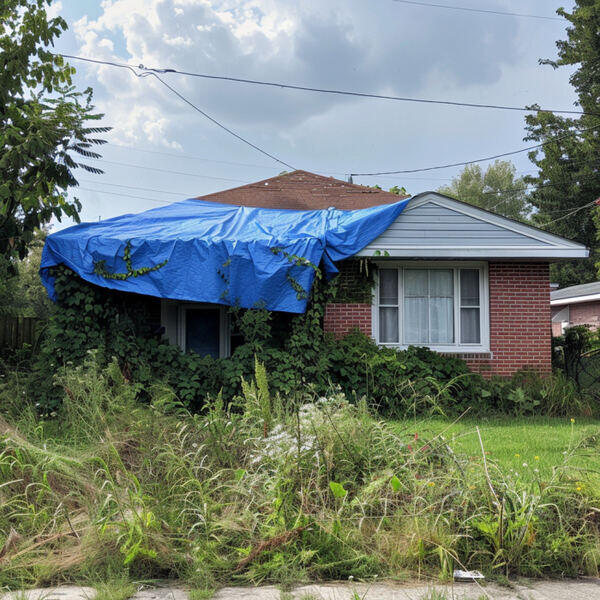 We buy distressed properties just like this! house with tarp on roof | distressed house with overgrowth lawn we buy for cash