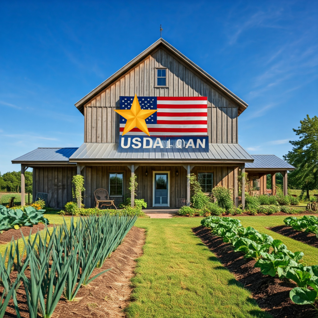 House in a rural setting with an American flag and USDA Loan sign | Wooden farmhouse with a USDA Loan banner and garden in front | USDA Loan concept with a rural home and farm elements in the foreground | Rural homeownership symbolized by a farmhouse and U