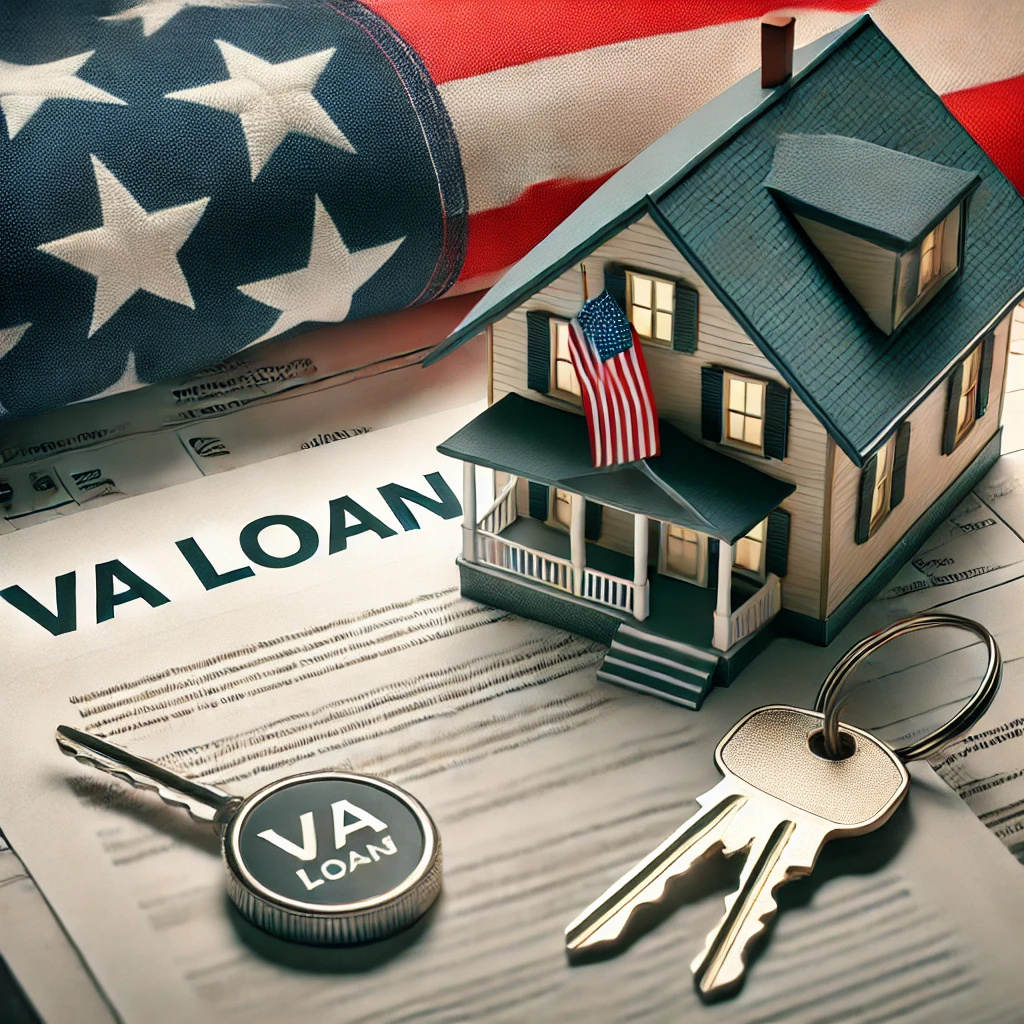 VA Loan document with keys and a miniature house, symbolizing veteran homeownership | American flag draped behind a house model on top of VA Loan paperwork | Keys next to a VA Loan form with a house displaying the American flag | Representation of VA Loan